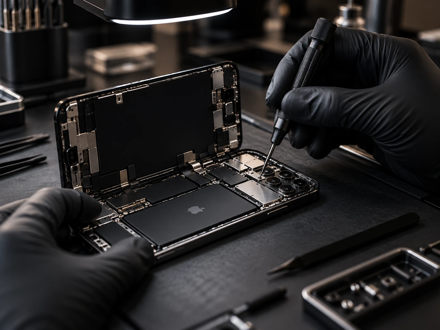 Imagen ilustrativa de reparación técnica de iPhone con herramientas de precisión