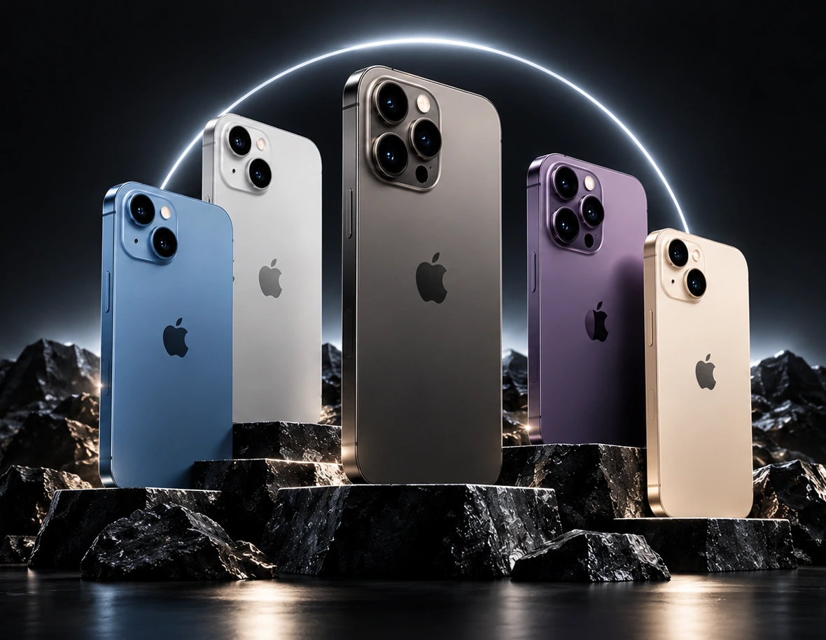 Cinco iPhone completos de distintos colores sobre tarimas negras con un halo luminoso